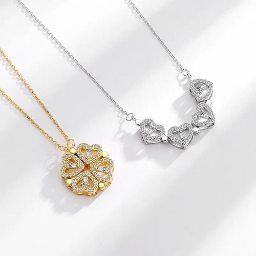 Magnetic Heart Shaped Four Leaf Clover Pendant Necklace
