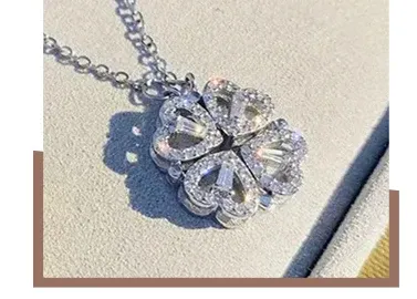Magnetic Heart Shaped Four Leaf Clover Pendant Necklace