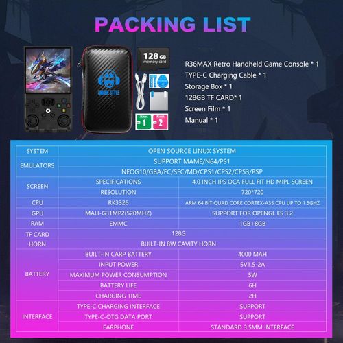 R36MAX Retro Handheld Game Console, 4.0 Inch 720x720 IPS Screen