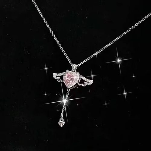 Stainless Steel Necklace Heart-Shaped Angel Wings Design Zircon Inlaid Pendant Fashionable Necklace