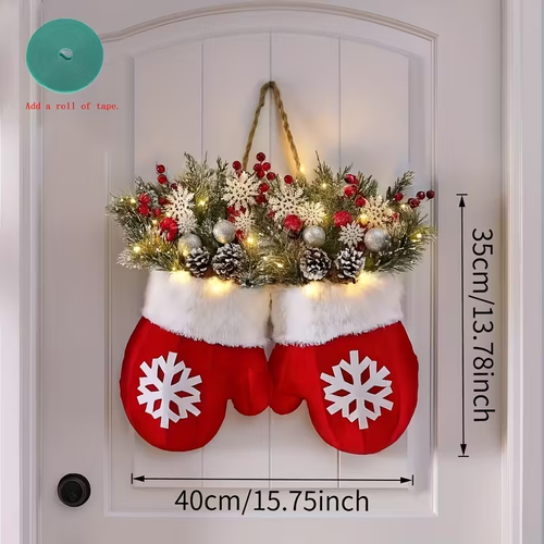 Christmas glove wreath with 20 LED lights, front door Christmas wreath with artificial pine branches, cranberries and frosted pine cones.