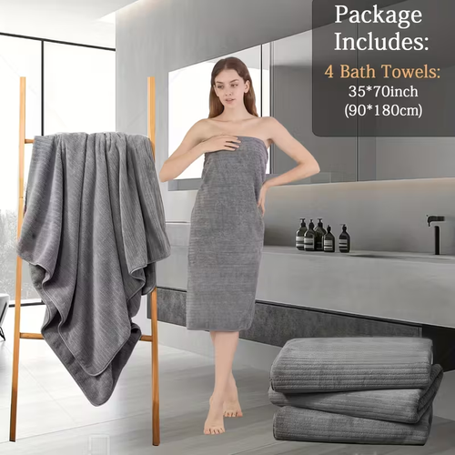 35-inch x 70-inch extra-large, ultra-soft, quick-absorbing fabric bathroom towels for home and hotel use.