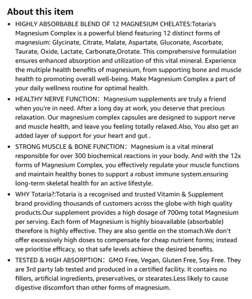 12-in-1 Magnesium Glycinate Complex - 700mg Ultra-Absorbable for Muscle Recovery & Heart Health, Vegan Capsules (120 servings)🌱⏳
