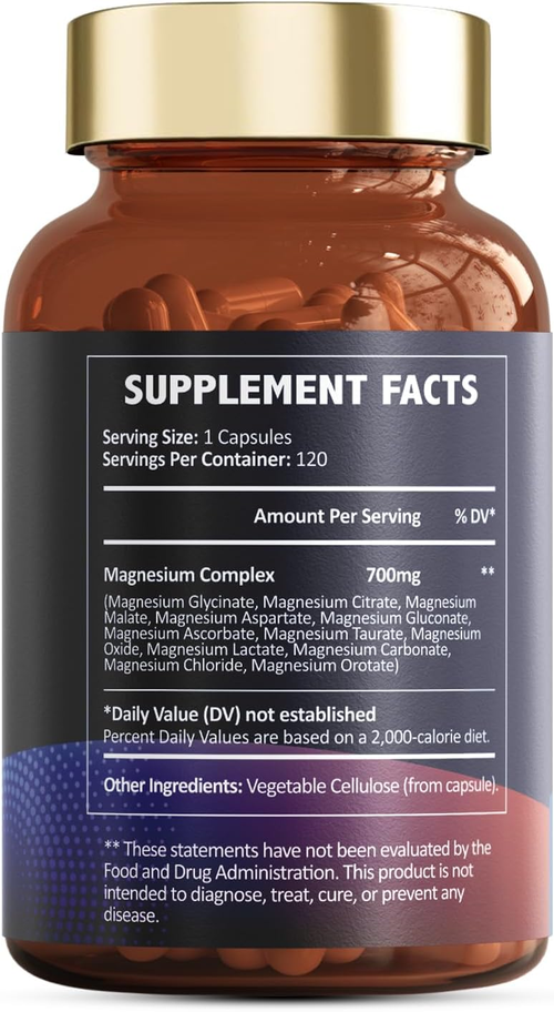 12-in-1 Magnesium Glycinate Complex - 700mg Ultra-Absorbable for Muscle Recovery & Heart Health, Vegan Capsules (120 servings)🌱⏳