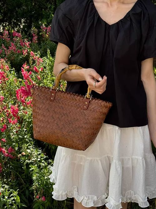 Rustic Retro Multifunctional Rattan Tote Handbag Handmade Basket Bag with Bamboo Handle Natural Rattan Preparation