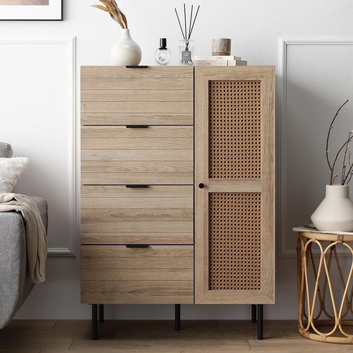 キャビネット チェスト 幅72cm ラタン調 収納棚 引き出し4杯 扉収納 可動棚付き 脚付き 木目調 おしゃれ 異素材デザイン