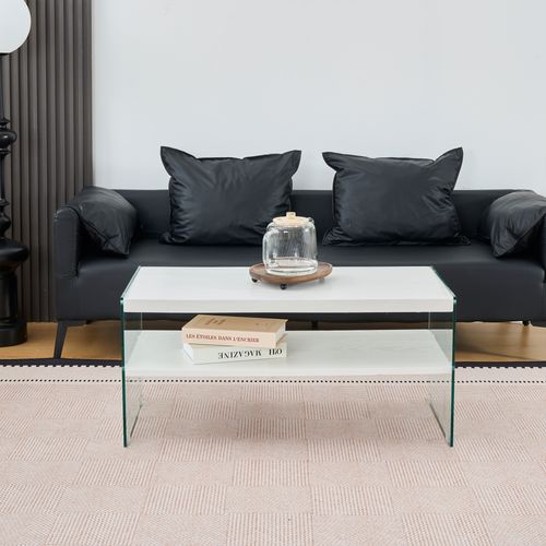 センターテーブル リビングテーブル ローテーブル コーヒーテーブル 収納付き 長方形 MDF天板 強化ガラス脚 モダンデザイン ホワイト
