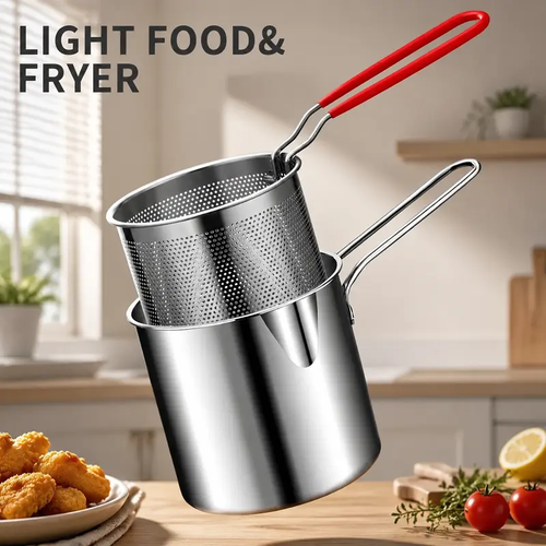 Stainless Steel Deep Fryer Set - 5.12*4.72in 1-Person Mini Pot with Fry Pot, Filter Basket & Food Clip, Rust-Resistant Portable Cookware for Home Kitchen Chips, Chicken Wings