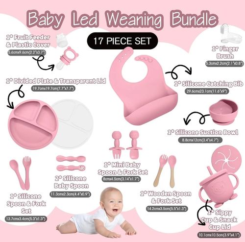 Baby Led Weaning Supplies, 17 Piece BPA-Free Silicone Feeding Set, Eating Essentials Baby Utensils with Suction Plate and Bowl, Pocket Bib, Sippy Cup with Lid, for 6+ Months