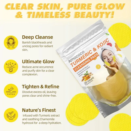 Turmeric & Kojic Acid Cleansing Pads - 20pcs Normal Skin Gentle Facial Cleanser Pads, Deep Clean, Soft Texture, Multi-Pack Skincare for Comfortable Use