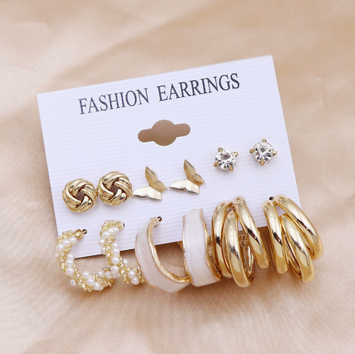 Fashion New Pearl Heart Circle Gold Plated Butterfly Hoop Stud Earrings Set for Women Jewelry Wholesale