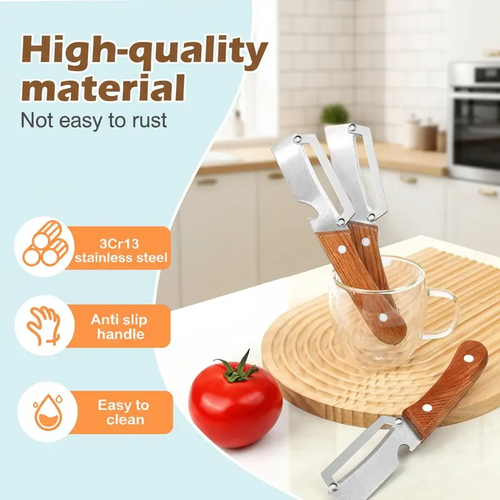 Wooden-Handled Stainless Steel Sharp Peeler with Built-In Bottle Opener for Fruits & Vegetables Ergonomic Non-Slip Handle Long-Lasting Construction Essential Kitchen Tool