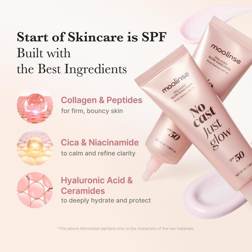 No Cast Just Glow Collagen Sunscreen | SPF 50 Broad Spectrum Face Sunscreen | Lightweight, Non-Sticky, Hydrating Formula | No White Cast or Residue I Peptide, Cica for Soothing & Natural Glow