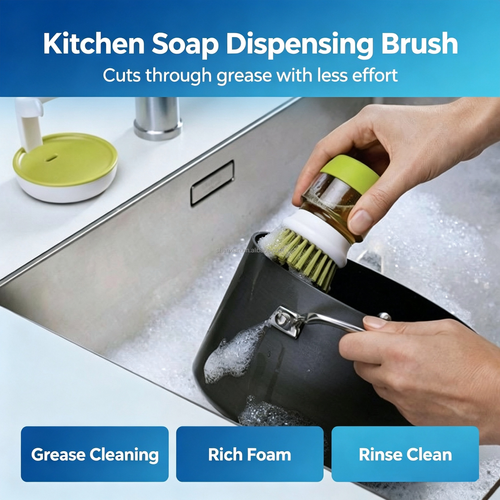 Kitchen Scrubbing Brush PP Nylon Eco-Friendly Detergent Dispenser Press Type Non-stick Oil Automatic Hydraulic Dish Washing