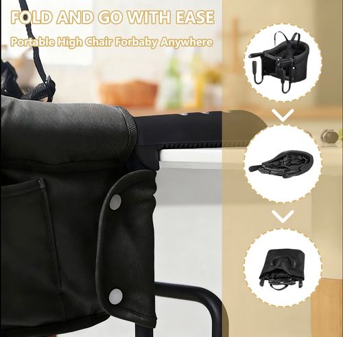 Hook on High Chair Portable Foldable High Chair for Babies 6-36 Months Black Sturdy Aluminum Alloy Clamp Water-Resistant 3-Point Safety Harness carry bag