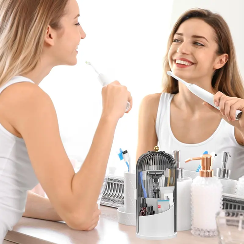 Toothbrush Holders with Sliding Lid, Rotating 3 Slots Bathroom Organizer Countertop, Tooth Brush Toothpaste Holder Bathroom Counter Stand Sink Organizer Caddy for Vanity Makeup Brushes Organizer