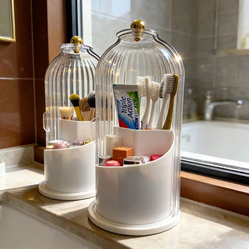 Toothbrush Holders with Sliding Lid, Rotating 3 Slots Bathroom Organizer Countertop, Tooth Brush Toothpaste Holder Bathroom Counter Stand Sink Organizer Caddy for Vanity Makeup Brushes Organizer