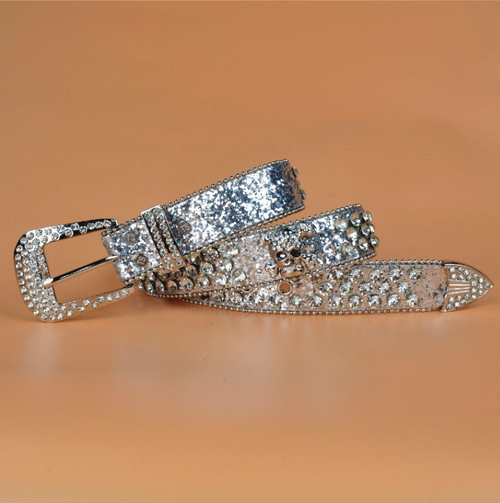 Hot Sale Crystal Belts With Skull Buckle Set. Rhinestone Belt for Lady and Men Diamond Male Pu Belt