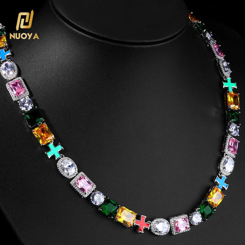 Hip Hop 10mm Exquisite Templar Multicolored Diamonds Enamel Cross Mixed Gemstone Cluster Colorful Chain Necklace