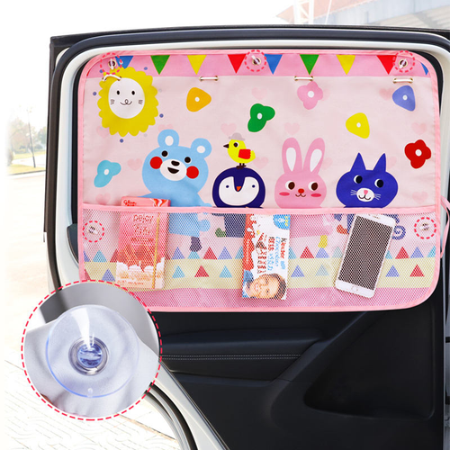 Upgraded Summer Cartoon Car Curtain Sunshade Sunscreen Insulation Curtain with Net Pocket Suction Cup Three-layer Textile Rope