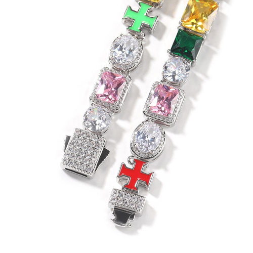 Hip Hop 10mm Exquisite Templar Multicolored Diamonds Enamel Cross Mixed Gemstone Cluster Colorful Chain Necklace