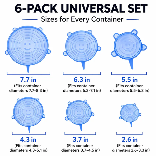 6 Pack Silicone Stretch Lids (2.6in, 3.7in, 4.3in, 5.5in, 6.3in, 7.7in), Reusable Food Grade Silicone Covers for Bowls, Pots, Cups & Fruits, BPA Free