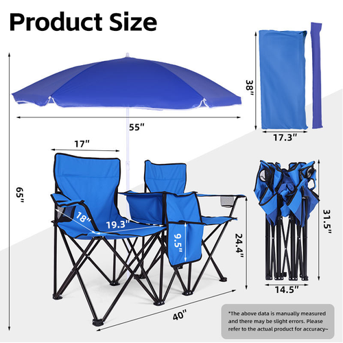 Double Folding Camping Chair Portable Folding Chair W,Umbrella Fold up Table Beverage Holder Carrying Bag Cooler