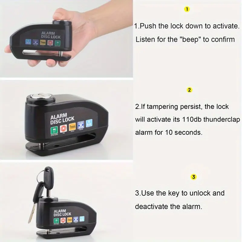 Waterproof Motorcycle Disc Brake Lock with Alarm — Anti-Theft Padlock & Security Accessory for Bicycles, Features 110dB High-Volume Alarm, Easy Installation