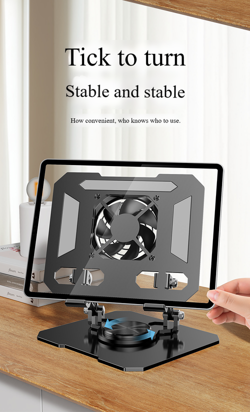 Counterweighted foldable flat stand and laptop holder ,featuring a turbo cooling fan and carbon steel rotating adjustment,—an ideal choice for office work and live streaming.
