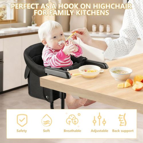 Hook on High Chair Portable Foldable High Chair for Babies 6-36 Months Black Sturdy Aluminum Alloy Clamp Water-Resistant 3-Point Safety Harness carry bag
