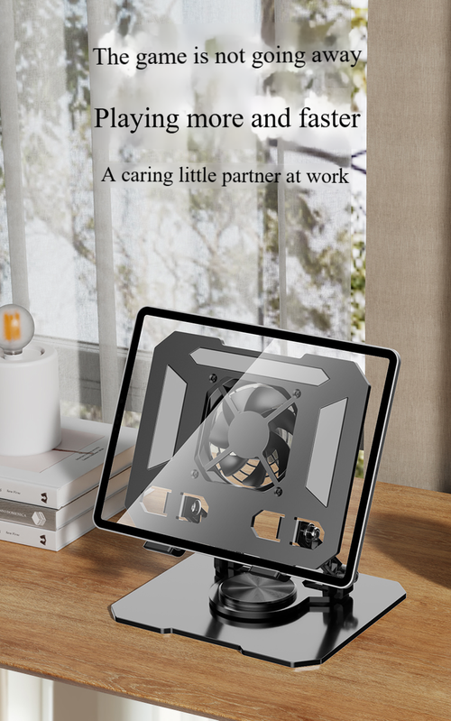 Counterweighted foldable flat stand and laptop holder ,featuring a turbo cooling fan and carbon steel rotating adjustment,—an ideal choice for office work and live streaming.