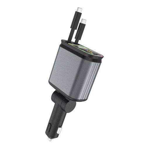 New Fast Charging Car Phone Station Charger 4 in 1 LED Digital Display Retractable 2 Cables Type C PD Quick Adapter for Phone