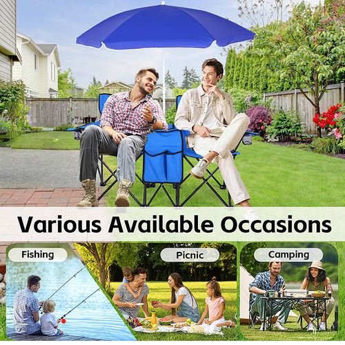 Double Folding Camping Chair Portable Folding Chair W,Umbrella Fold up Table Beverage Holder Carrying Bag Cooler