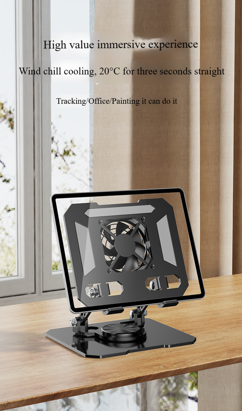 Counterweighted foldable flat stand and laptop holder ,featuring a turbo cooling fan and carbon steel rotating adjustment,—an ideal choice for office work and live streaming.