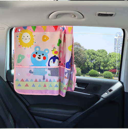Upgraded Summer Cartoon Car Curtain Sunshade Sunscreen Insulation Curtain with Net Pocket Suction Cup Three-layer Textile Rope