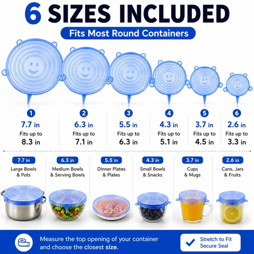 6 Pack Silicone Stretch Lids (2.6in, 3.7in, 4.3in, 5.5in, 6.3in, 7.7in), Reusable Food Grade Silicone Covers for Bowls, Pots, Cups & Fruits, BPA Free