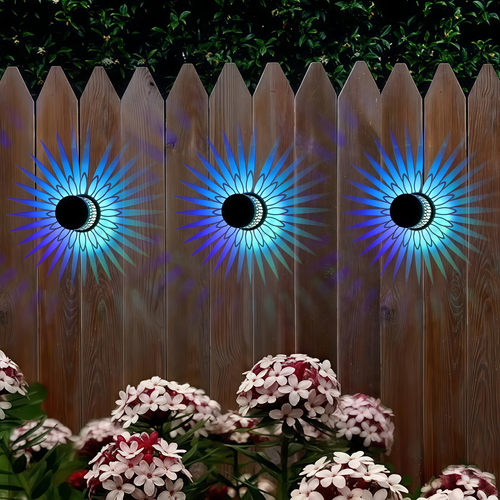 Creative Hollow Cylinder Solar LED Iron Art Outdoor Waterproof Wall Lamp for Garden,Supports switching between seven pattern colors.