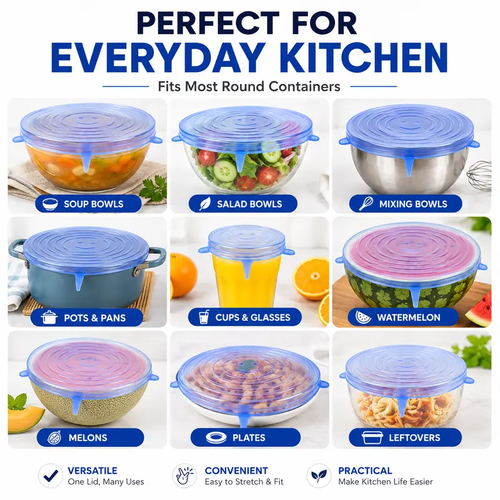 6 Pack Silicone Stretch Lids (2.6in, 3.7in, 4.3in, 5.5in, 6.3in, 7.7in), Reusable Food Grade Silicone Covers for Bowls, Pots, Cups & Fruits, BPA Free