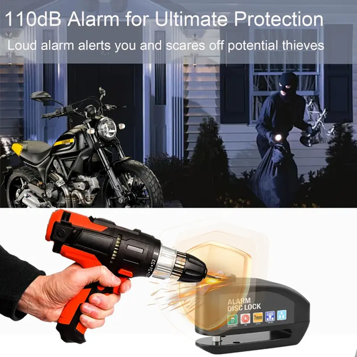 Waterproof Motorcycle Disc Brake Lock with Alarm — Anti-Theft Padlock & Security Accessory for Bicycles, Features 110dB High-Volume Alarm, Easy Installation