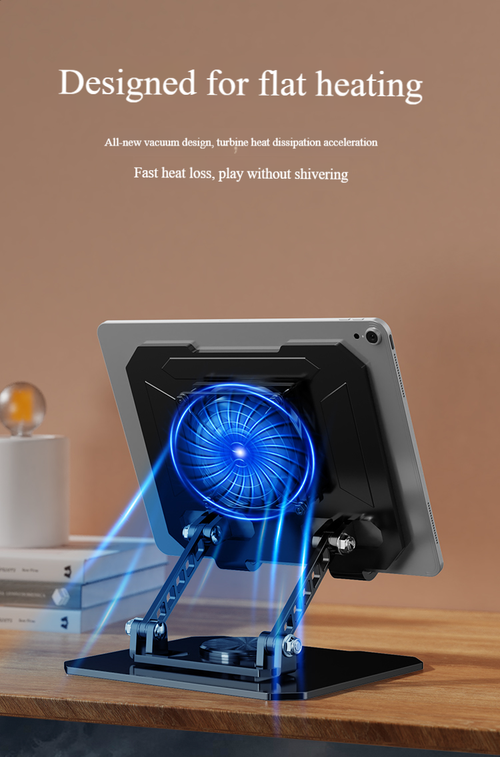 Counterweighted foldable flat stand and laptop holder ,featuring a turbo cooling fan and carbon steel rotating adjustment,—an ideal choice for office work and live streaming.