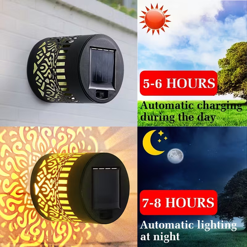 Creative Hollow Cylinder Solar LED Iron Art Outdoor Waterproof Wall Lamp for Garden,Supports switching between seven pattern colors.