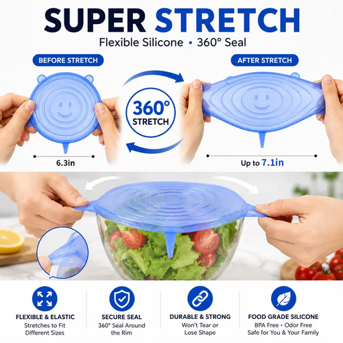 6 Pack Silicone Stretch Lids (2.6in, 3.7in, 4.3in, 5.5in, 6.3in, 7.7in), Reusable Food Grade Silicone Covers for Bowls, Pots, Cups & Fruits, BPA Free