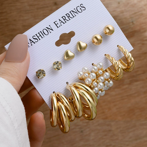 Fashion New Pearl Heart Circle Gold Plated Butterfly Hoop Stud Earrings Set for Women Jewelry Wholesale