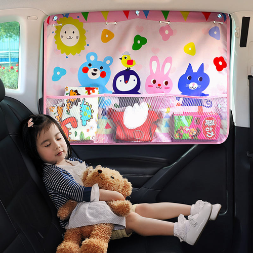Upgraded Summer Cartoon Car Curtain Sunshade Sunscreen Insulation Curtain with Net Pocket Suction Cup Three-layer Textile Rope