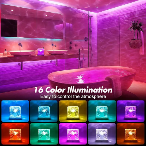 Rechargeable Shower Light No Wiring, 16 Color Changeable Ocean Wave Projector Light, Dimmable Waterproof Shower Lamp with Remote, Rotating Flame Water Ripple Lamp for Shower, Bathroom, Bedroom Decor