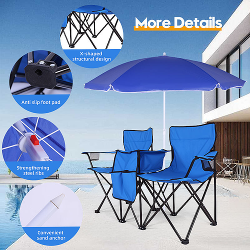 Double Folding Camping Chair Portable Folding Chair W,Umbrella Fold up Table Beverage Holder Carrying Bag Cooler