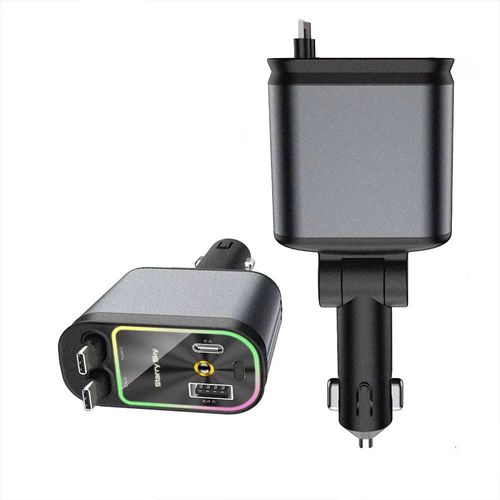 New Fast Charging Car Phone Station Charger 4 in 1 LED Digital Display Retractable 2 Cables Type C PD Quick Adapter for Phone