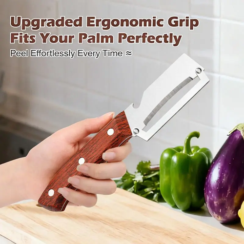 Wooden-Handled Stainless Steel Sharp Peeler with Built-In Bottle Opener for Fruits & Vegetables Ergonomic Non-Slip Handle Long-Lasting Construction Essential Kitchen Tool