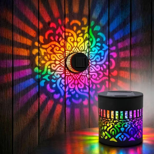 Creative Hollow Cylinder Solar LED Iron Art Outdoor Waterproof Wall Lamp for Garden,Supports switching between seven pattern colors.