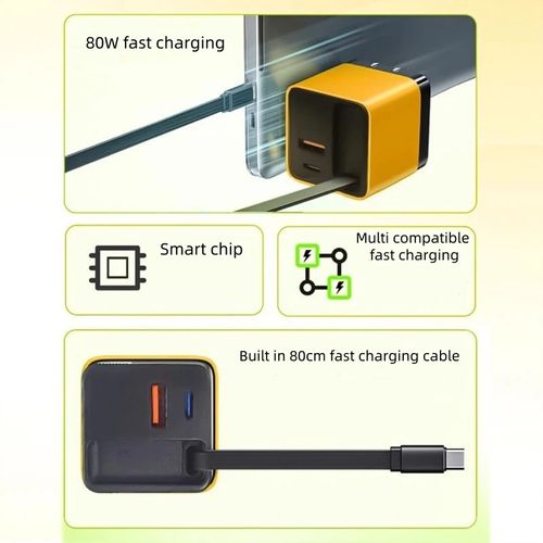 80W GaN Type-C Fast Charging Adapter with Dual Ports (USB-A + USB-C) and 80cm Retractable Cable, Supports 5V,3A,Compatible with iOS and Android Phones.